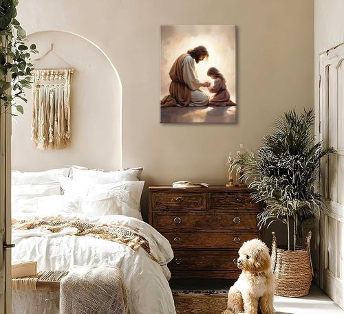 Jesus Praying with Girl Canvas Wall Art - Christian Spiritual Decor for Home & Church | Framed Bible Story Print