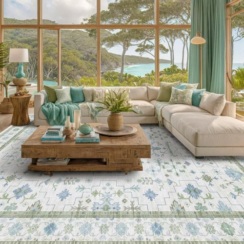 Hazo Haus Area Rug - Vintage Boho Floral Design in Blue & Green | 7x10 Washable Non-Slip Extra Large for Living Room & Bedroom