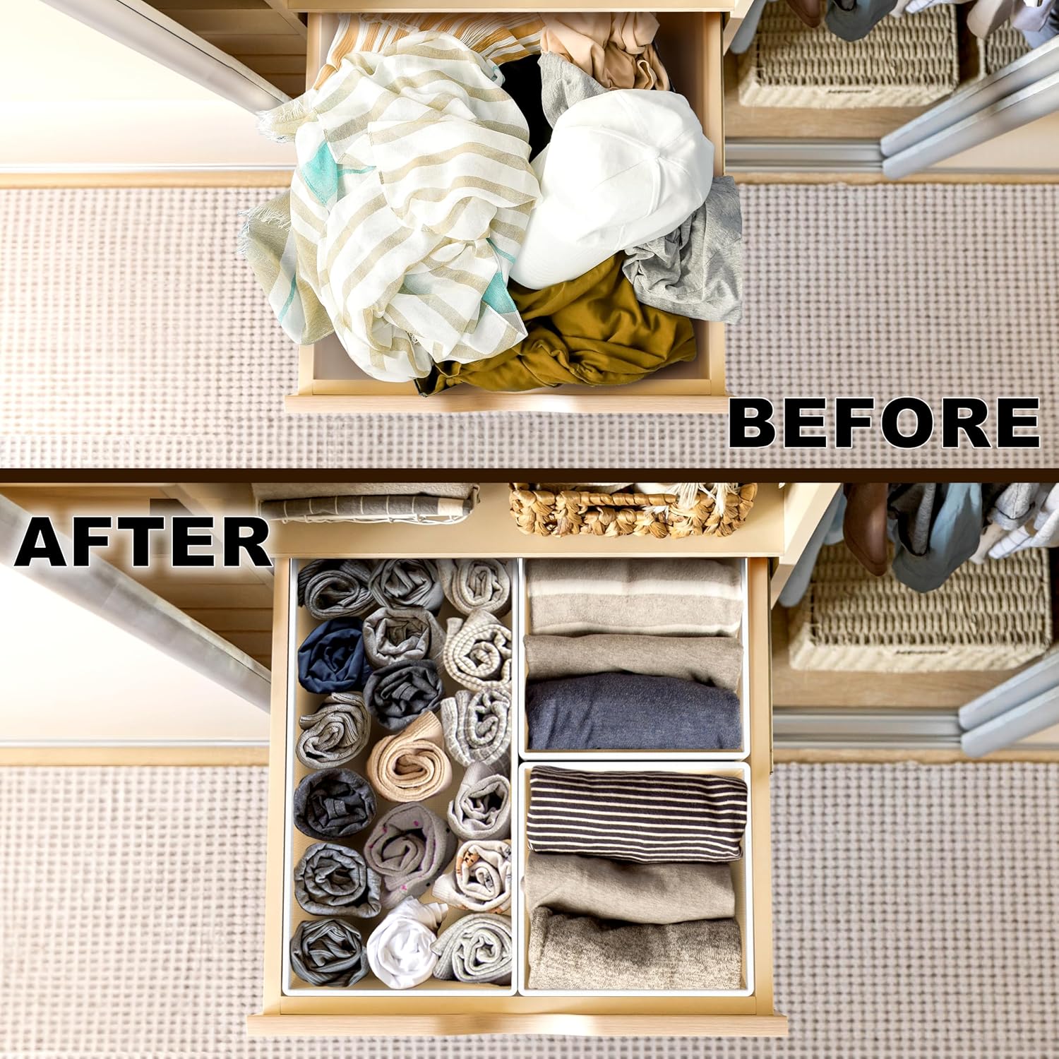 Simple Houseware Foldable Drawer Organizer Set - 12 Beige Fabric Storage Bins for Clothes & Accessories