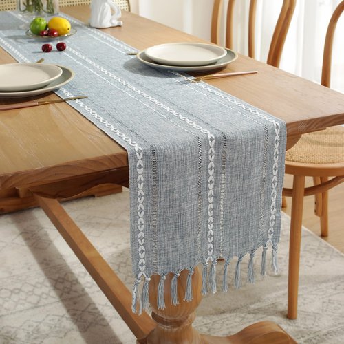 JIALE Table Runner, Rustic Farmhouse Table Runners with Tassels, Boho Cotton Linen Table Runner for Table Decorations, Holiday Party and Wedding, 90 Inches,Blue