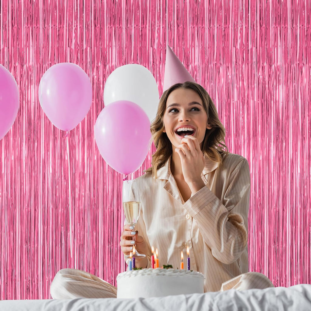 Skiennix Pink Party Decorations - 2 Pack Metallic Tinsel Backdrop Curtains | 3.28 FT x 7.05 FT
