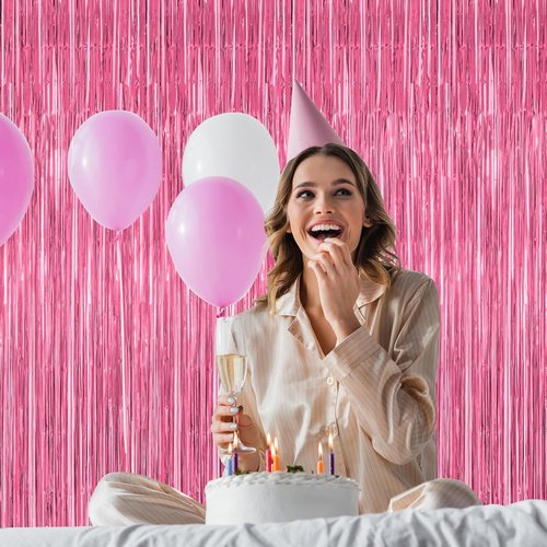 4 Pack Pink Birthday Backdrop - Metallic Happy Birthday Fringe Curtains | 3.28 FT x 7.05 FT