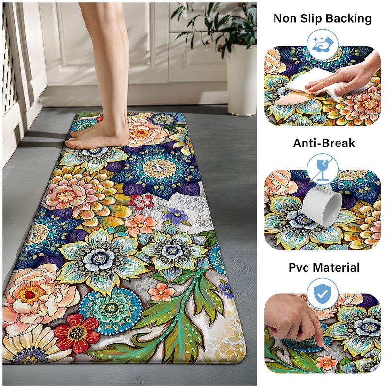 Tubeamin Floral Kitchen Rug Mat for Floor Boho Cushioned Anti-Fatigue Mat Non-Slip Standing Desk Waterproof Comfort Floor Mat for Sink, Office, Laundry, 17.3x28 Inch