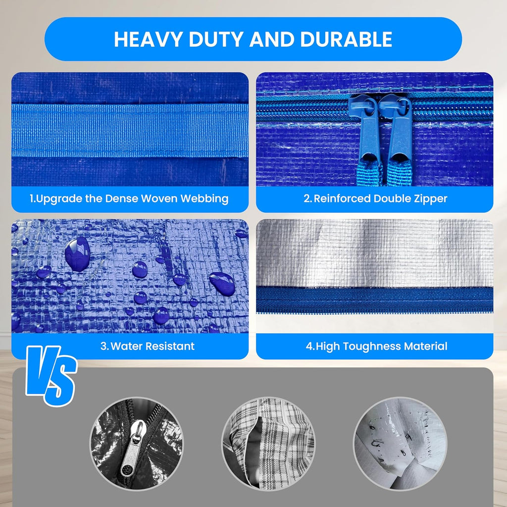Simple Deluxe Heavy Duty Moving Bags - Extra Large Storage Totes with Lids & Zipper | Blue, 4 Pack