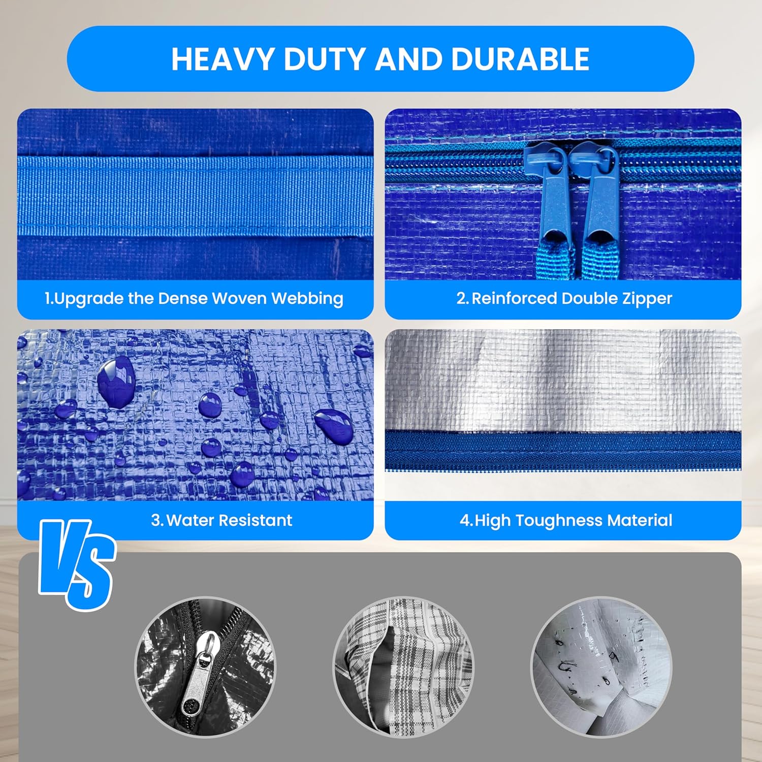 Simple Deluxe Heavy Duty Moving Bags - Extra Large Storage Totes with Lids & Zipper | Blue, 4 Pack