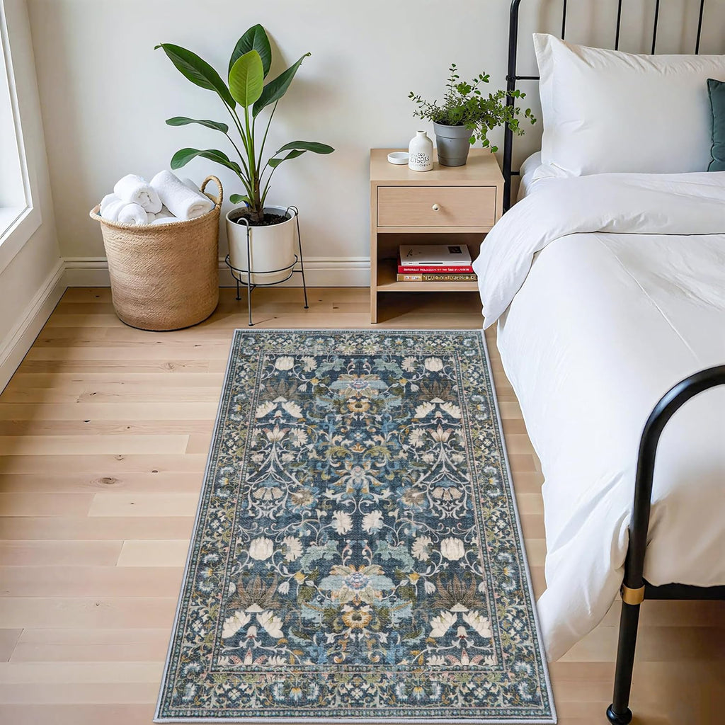 Skiennix 4x6 Area Rug - Washable Boho Floral Design | Non-Slip Low Pile Carpet for Living Room, Bedroom & Office