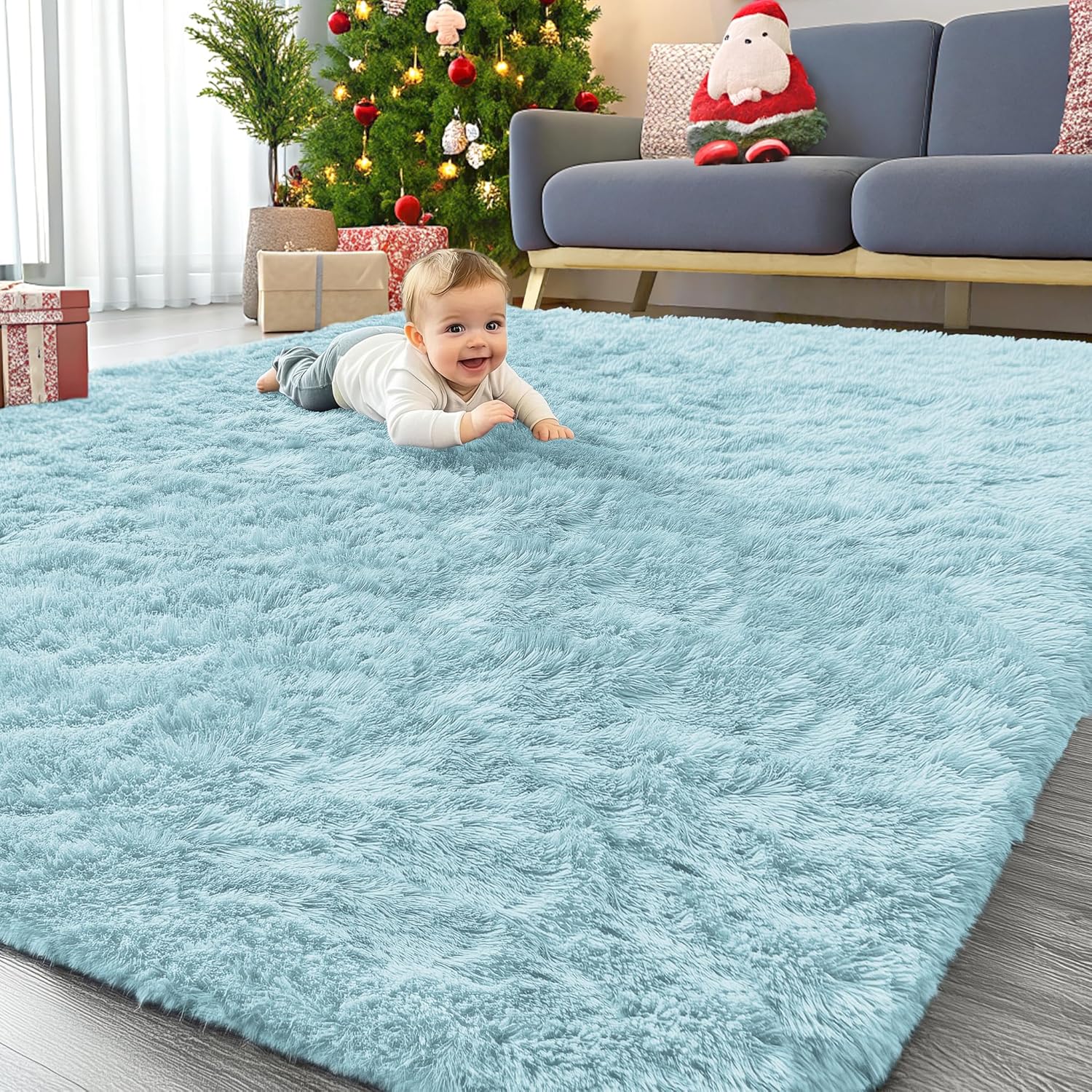 OLANLY Large Area Rug - Soft Fluffy Shaggy Carpet for Living Room & Bedroom | 6x9 ft, Light Blue
