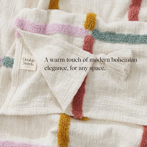 Double Stitch 100% Cotton Tufted Throw Blanket for Couch - Hand Crafted in India, Premium Decorative Blanket with Tassels, Soft and Warm Giftable Blanket, 50"x60", Multi