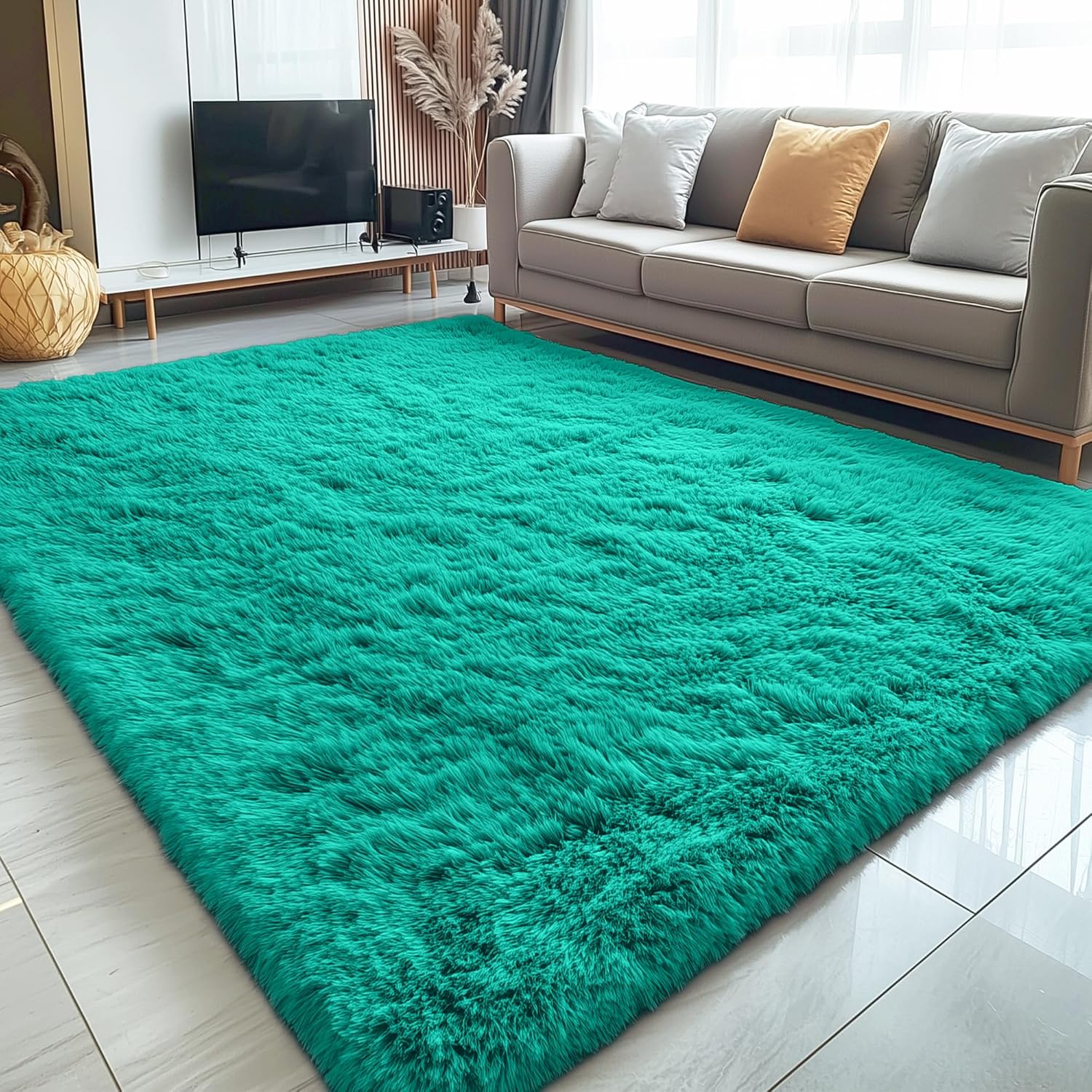 OLANLY Large Area Rugs - Soft Fluffy Shaggy Indoor Carpet for Living Room & Bedroom | 5x8 Teal Green