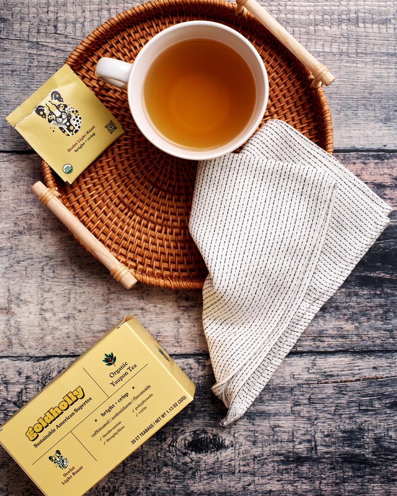 Goldholly Organic Yaupon Tea Bags - Ocelot Light Roast, 20 Count | American Organic Tea for Clean No-Jitter Energy & Focus | Caffeine & Theacrine, Smoother than Traditional Teas | Gold Holly Yaupon