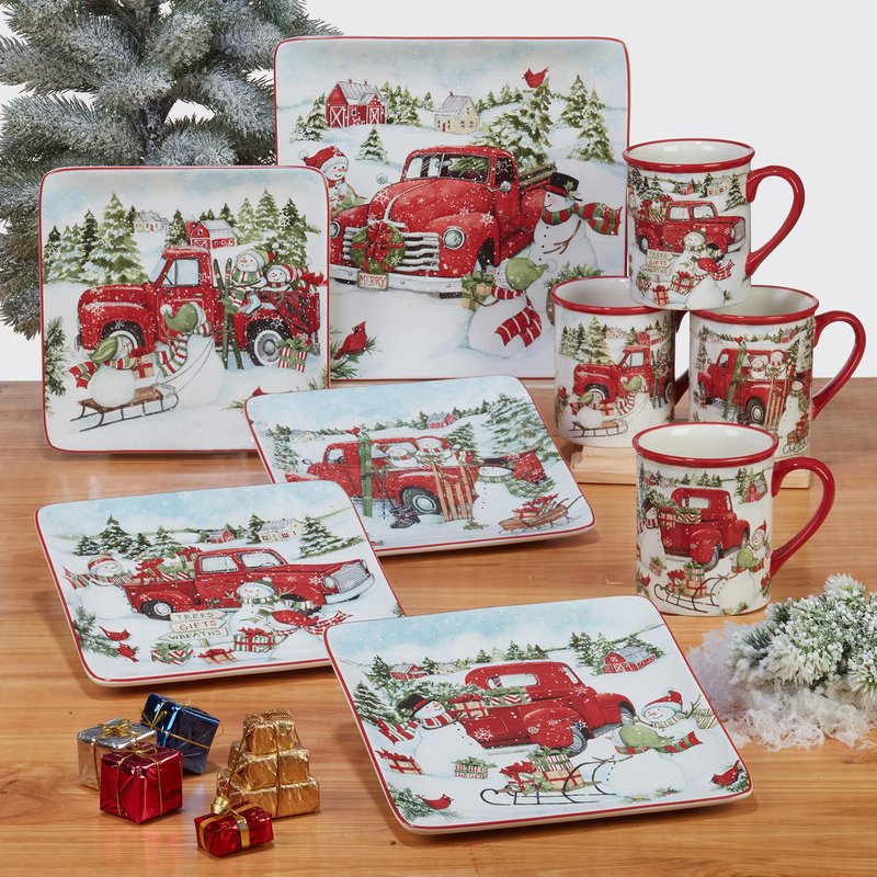 Red Truck Snowman Set of 4 Ceramic Dinner Plates – Add classic holiday charm to your table with these beautifully detailed plates featuring vintage red trucks and cheerful snowmen 10.25"