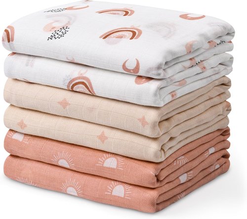 GLLQUEN Baby Receiving Blanket - Soft Cotton Muslin Swaddle Wraps for Newborns | 6 Pack (Sun)