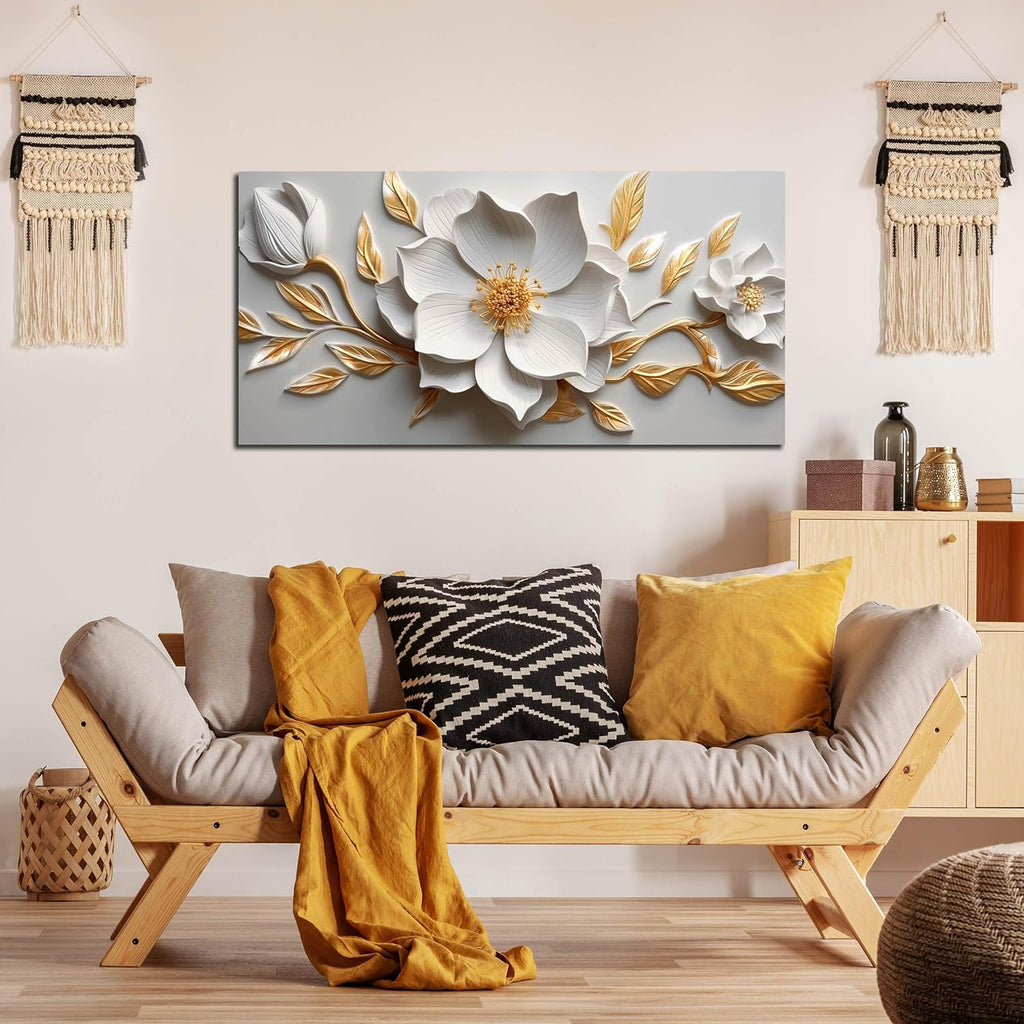 Skiennix Canvas Wall Art - Large White and Gold Floral Artwork for Living Room & Office | 20x40 In