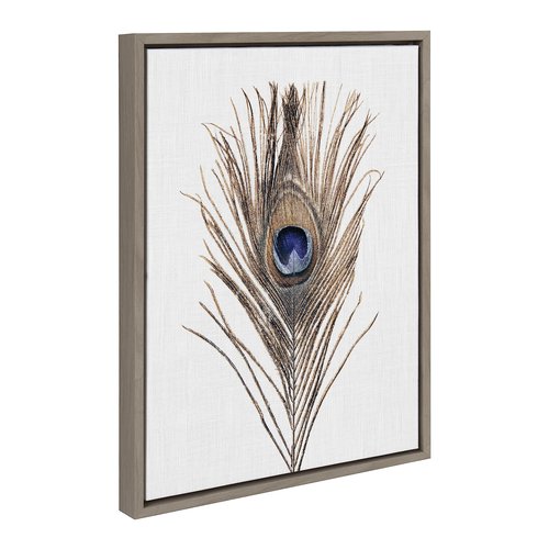 Kate and Laurel Sylvie Peacock Feather Framed Canvas Wall Art by Simon Te of Tai Prints; 18x24 Gray; Soft Animal Bird Feather Art for Wall