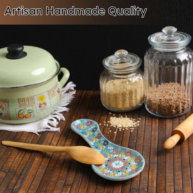 Handmade Spoon Rest, Ceramic Spoon Rest for Stove Top, 10" Spoon Rest for Kitchen Counter, Dishwasher Safe Spoon Holder for Stove, Housewarming Gifts Utensil Rest, Colorful Spoon Rests (Turquoise)