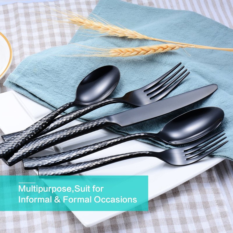 Flatasy Silverware Set Black Hammered Pattern Flatware Cutlery Stainless Steel Utensil 20 Pieces Spoons Forks and Knives Service for 4