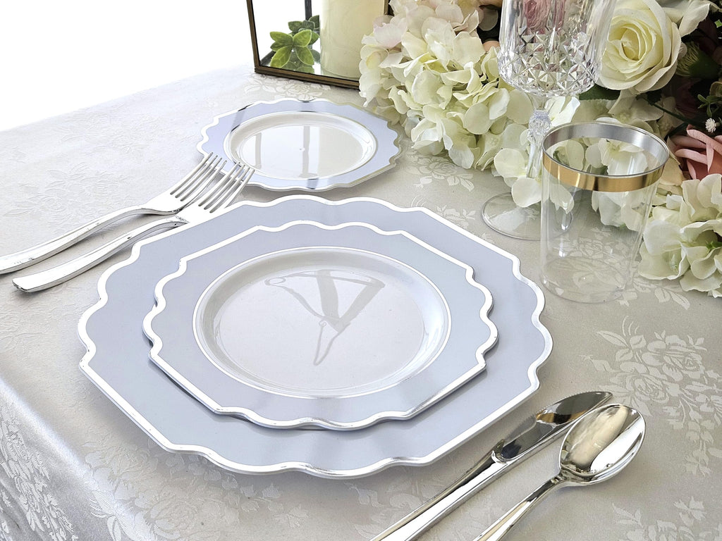 " OCCASIONS " 120 Plates Pack, Heavyweight Disposable Wedding Party Plastic Plates (8'' Appetizer/Dessert Plate, Imperial in White/Blue & Silver)