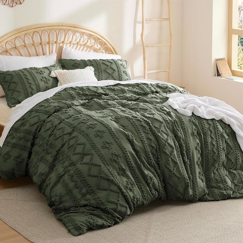 Bedsure Boho Duvet Cover - Soft & Comfortable Queen Size Bedding Set | Elegant Olive Green Design, Machine Washable