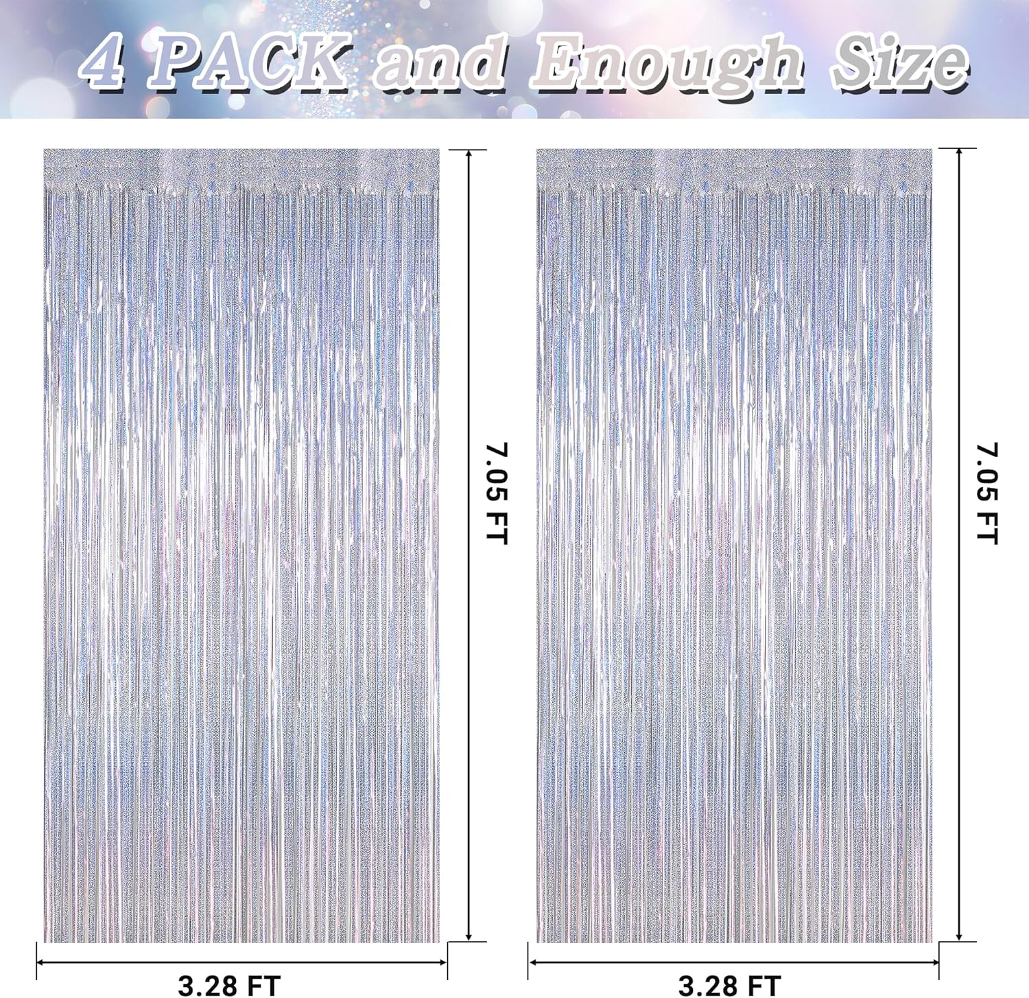 Skiennix Silver Tinsel Foil Curtain - 4 Pack Glitter Backdrop for Parties | 3.28 FT x 7.05 FT