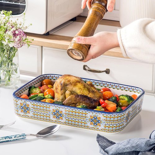 Boho Style Ceramic Baking Dishes Set of 3 | Rectangular Casserole Pans for Oven & Roasting