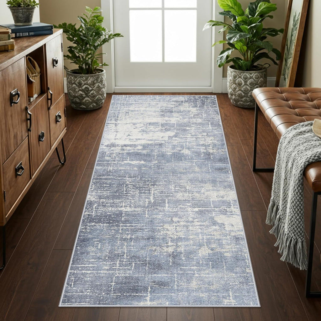 Skiennix Non-Slip Entryway Area Rug - Washable Stain Resistant Vintage Abstract Doormat | 2x6 Blue