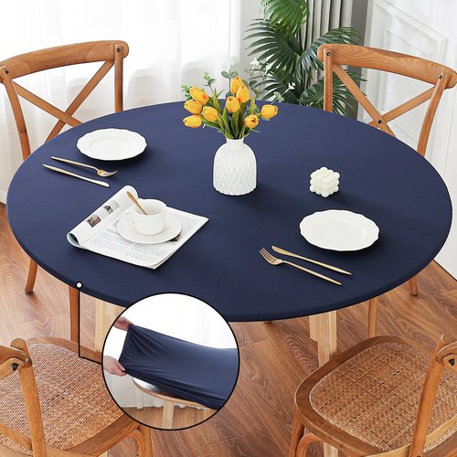 Limalred Fitted Spandex Round Tablecloth, Soft Skin Friendly Non Pilling Breathable Fabric Table Cover with Elastic Band for Dining Gathering Party Banquet Decoration 48 Inch Navy Blue