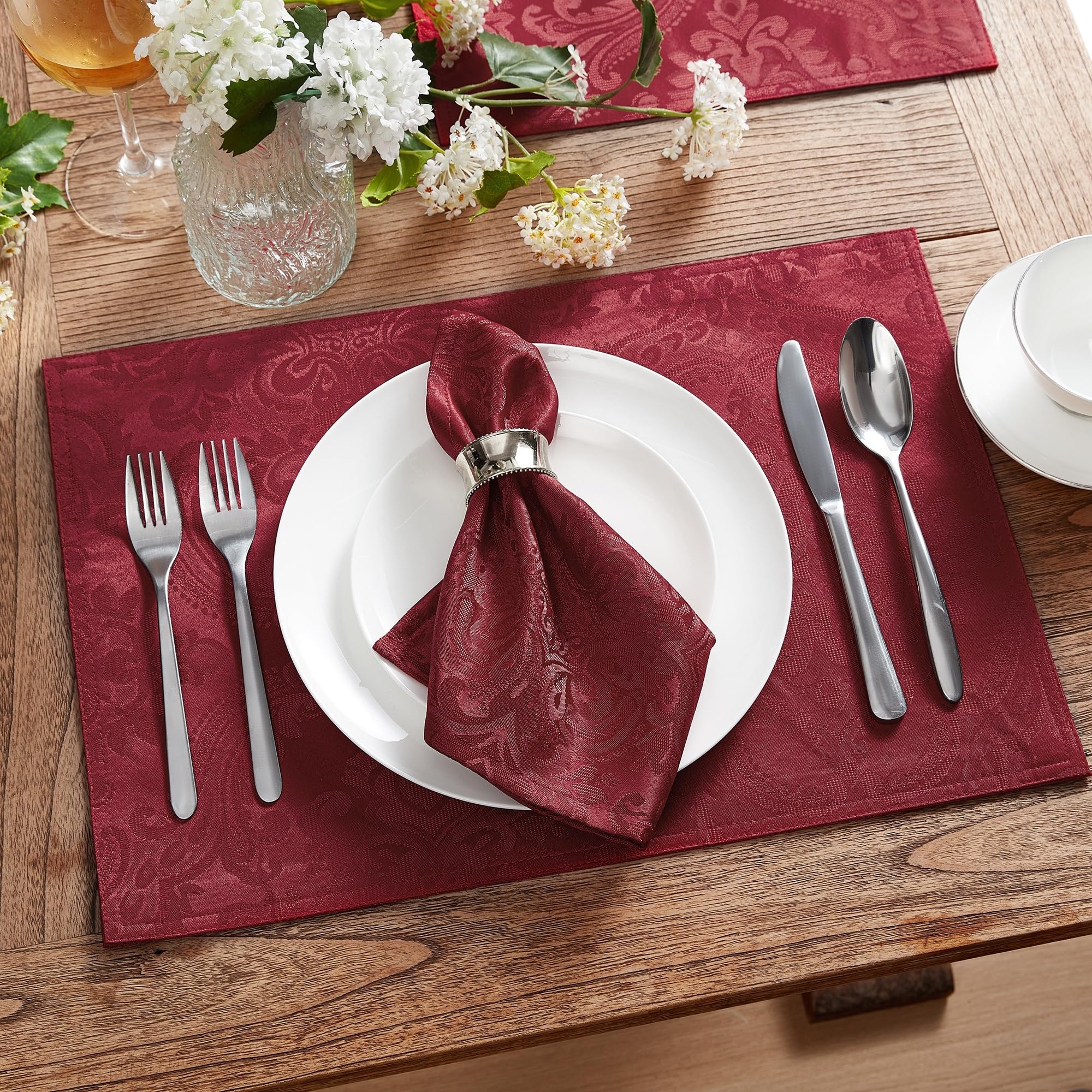 Elrene Home Fashions Caiden Elegance Damask Waterproof, Stain & Wrinkle Resistant Fabric Napkins (Set of 4), 17" x 17", Cranberry