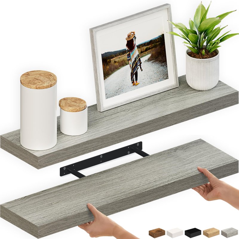Ballucci Floating Shelves, 36" Wood Wall Shelf Set of 2, with Invisible Brackets for Bathroom, Living Room, Bedroom, Kitchen, Nursery, 6" Deep, Rustic Brown