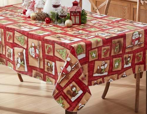 Newbridge Holiday Forest Friends Red & Tan Christmas Vinyl Tablecloth with Flannel Backing – 52 x 70 Inch Rectangle – Cute Woodland Animals, Fox, Owl, Bear & Tree Print Table Cover