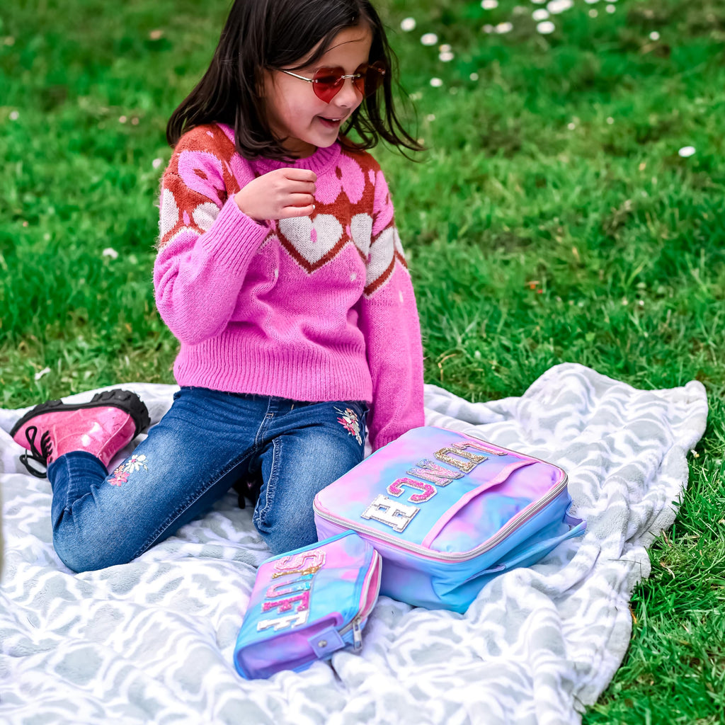 FROG SAC Kids Lunch Bag for Girls, Reusable Insulated Preppy Tie Dye Glitter Varsity Letter Patch Lunch Box for Kids, Cute Soft Back to School Tween Lunchbox, Christmas Girl Stocking Stuffers