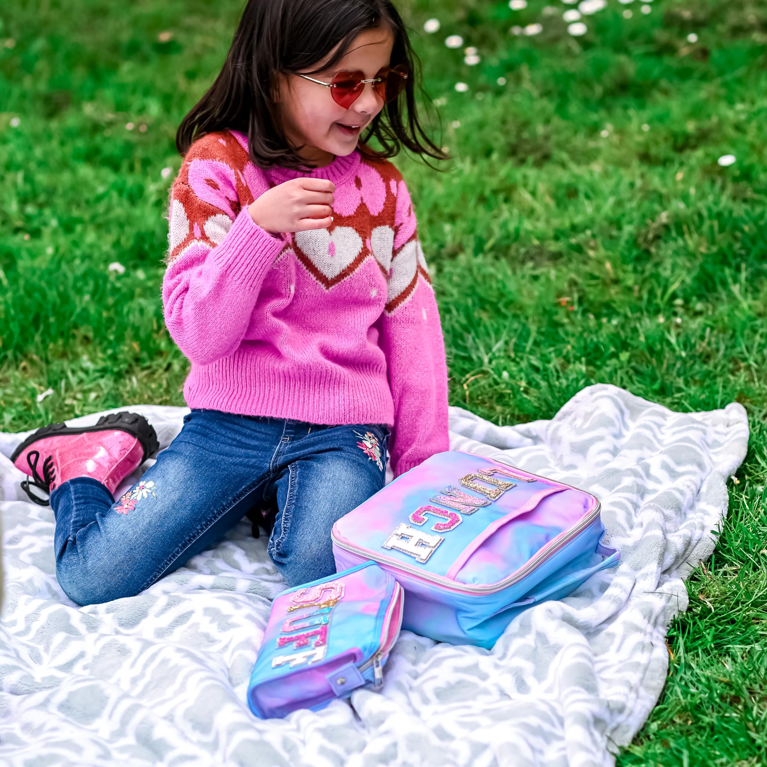 FROG SAC Kids Lunch Bag for Girls, Reusable Insulated Preppy Tie Dye Glitter Varsity Letter Patch Lunch Box for Kids, Cute Soft Back to School Tween Lunchbox, Christmas Girl Stocking Stuffers