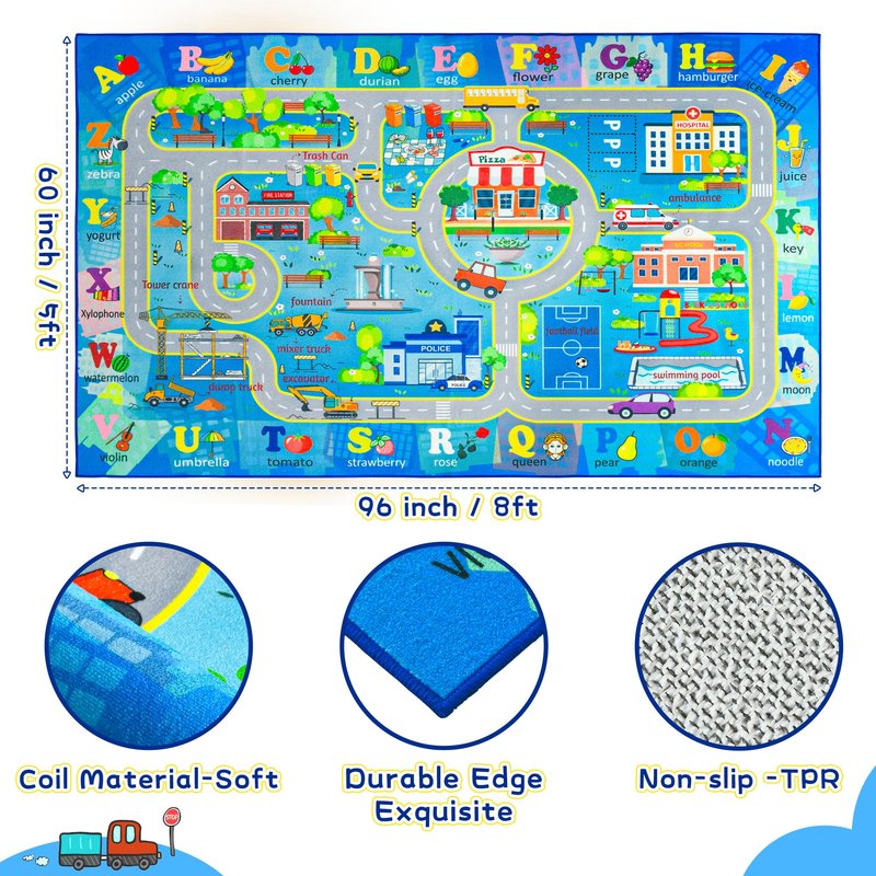 Chicrug 5x7 Car Road Area Rug for Kids Playroom Bedroom, Non Slip Low Pile Washable ABC Alphabet Carpet for Classroom, Track Play Mat for Toddler Children Nursery Baby Room Decor, Blue