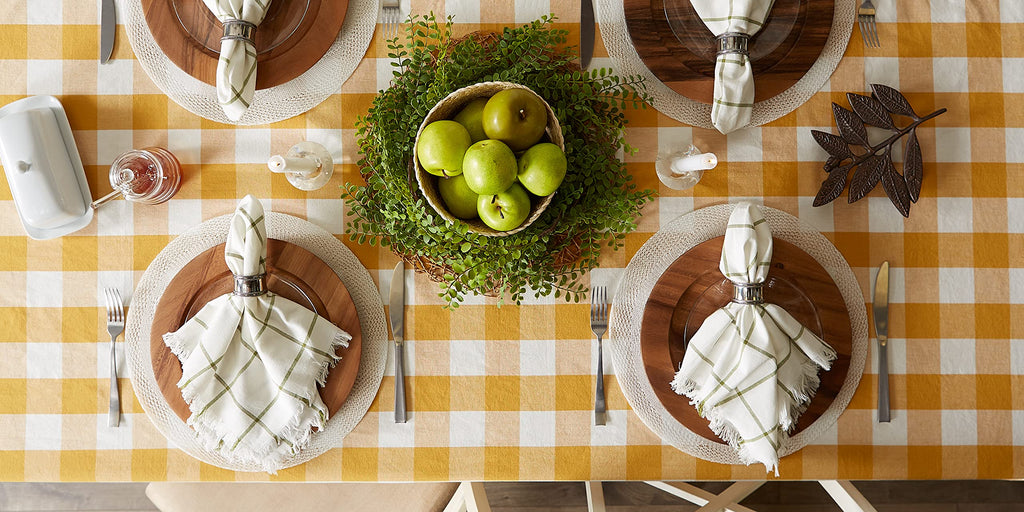 DII Buffalo Check Collection, Classic Farmhouse Tablecloth, 52 x 52, Honey Gold