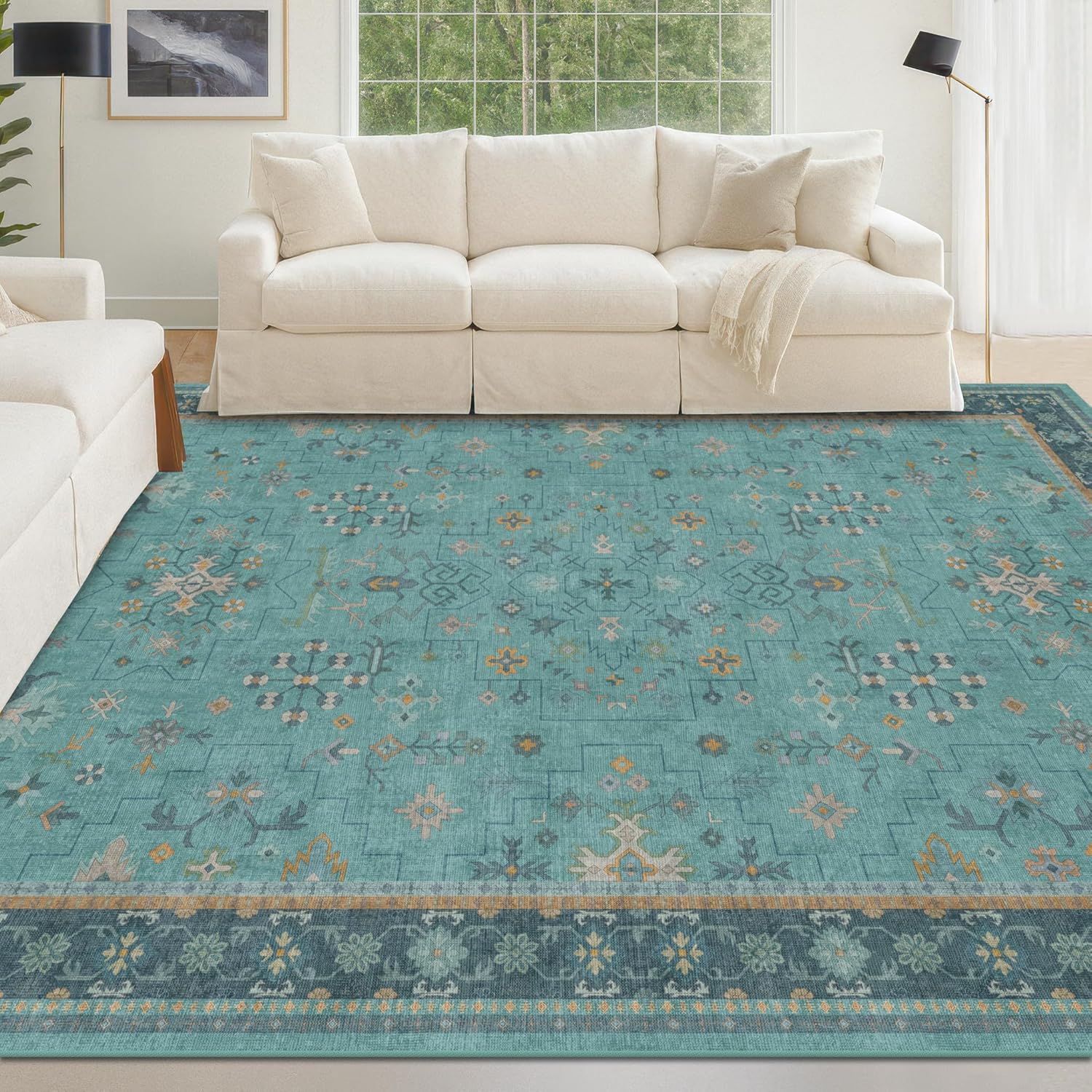 Skiennix 5x7 Teal Rug - Modern Boho Turquoise Low-Pile Carpet | Washable Non-Slip Design