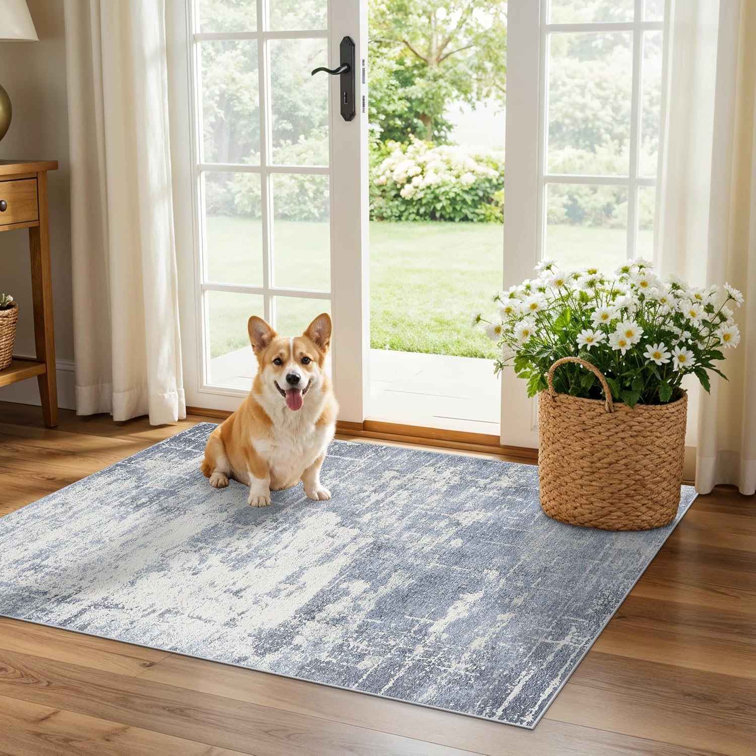 Skiennix Washable 2x3 Entryway Area Rug - Modern Abstract Soft Non-Slip Carpet in Blue/Ivory