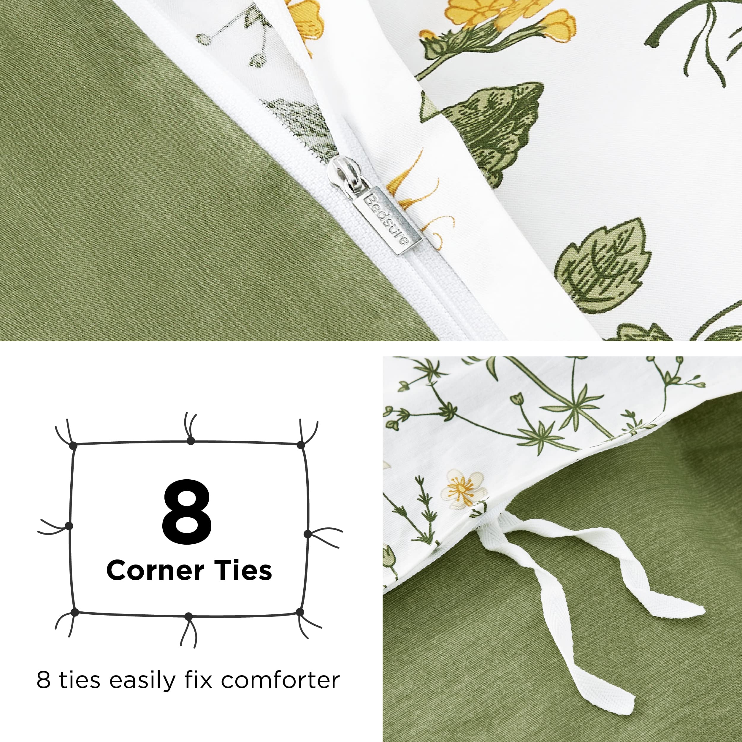 Bedsure Duvet Cover King Size - 100% Cotton Reversible Floral King Duvet Cover Set with Zipper Closure, 3 Pieces Soft & Breathable Green Bedding Set with 2 Pillow Shams 20"x36"