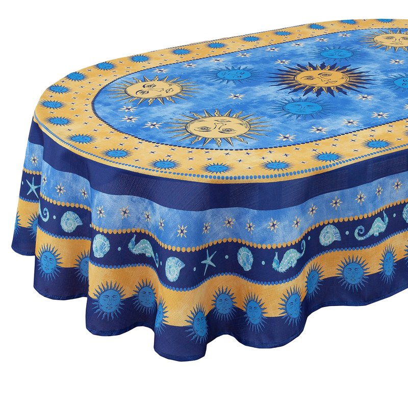 Home Bargains Plus 60 x 84 Inch Oval Blue Sun Mediterranean Fabric Tablecloth, Coastal Medallion Border Design, Wrinkle Water and Stain Resistant Indoor Outdoor Table Cover