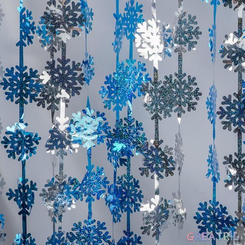 GREATRIL Silver Blue Snowflake Fringe Curtain - Sparkling Winter Onederland Backdrop | 3.2ft x 6.5ft - 2 Pack