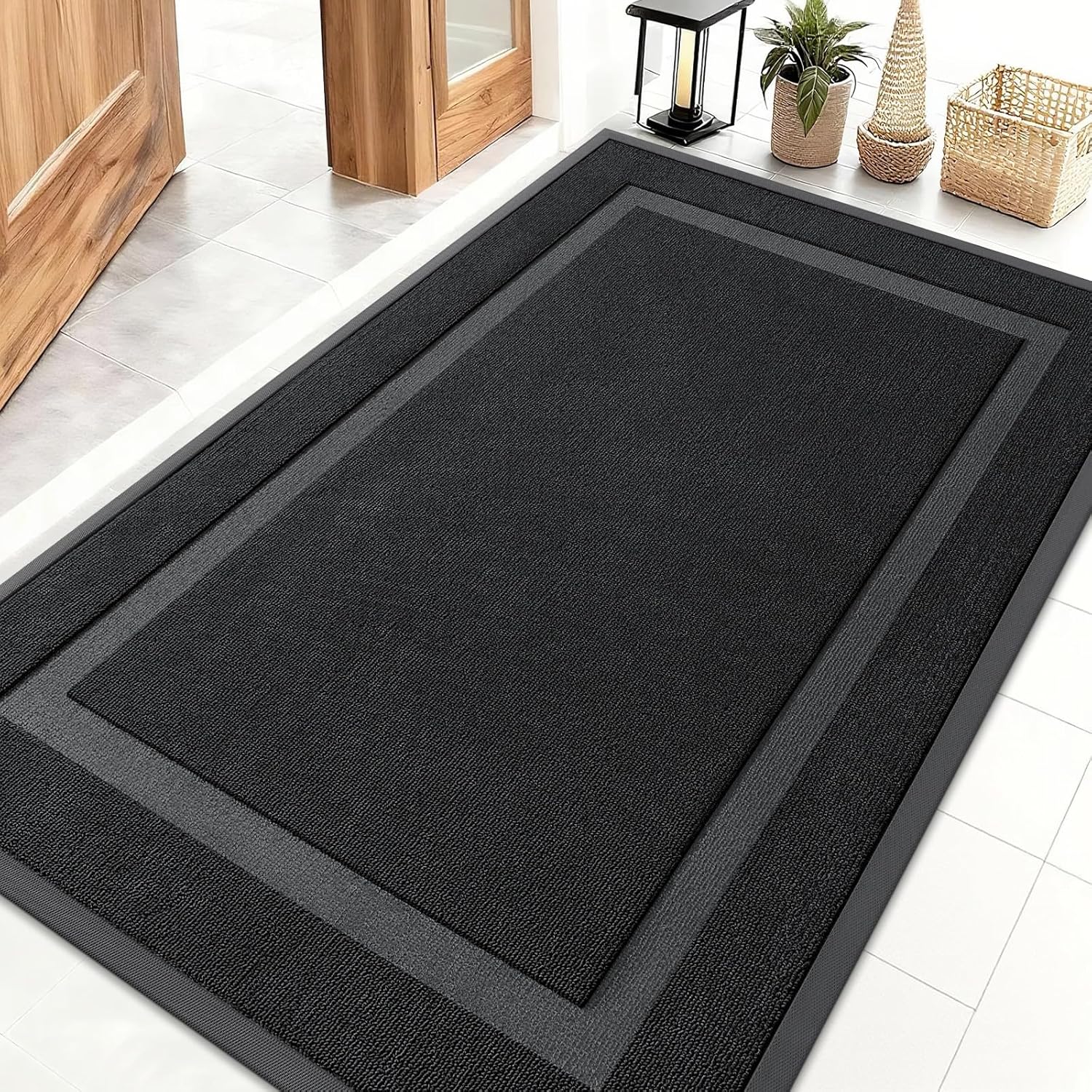 OLANLY Waterproof All-Season Front Door Mat - Sturdy Natural Rubber, Easy Clean | 47x32, Jet Black