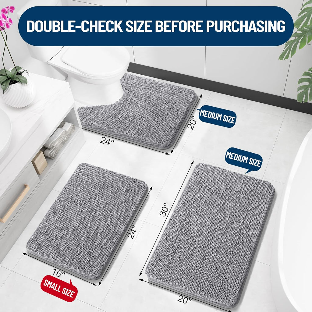 OLANLY Chenille Bath Rug & Shower Curtain Set - Soft Grey Rug 30x20 in & Elegant Black/Grey Curtain 72x72 in