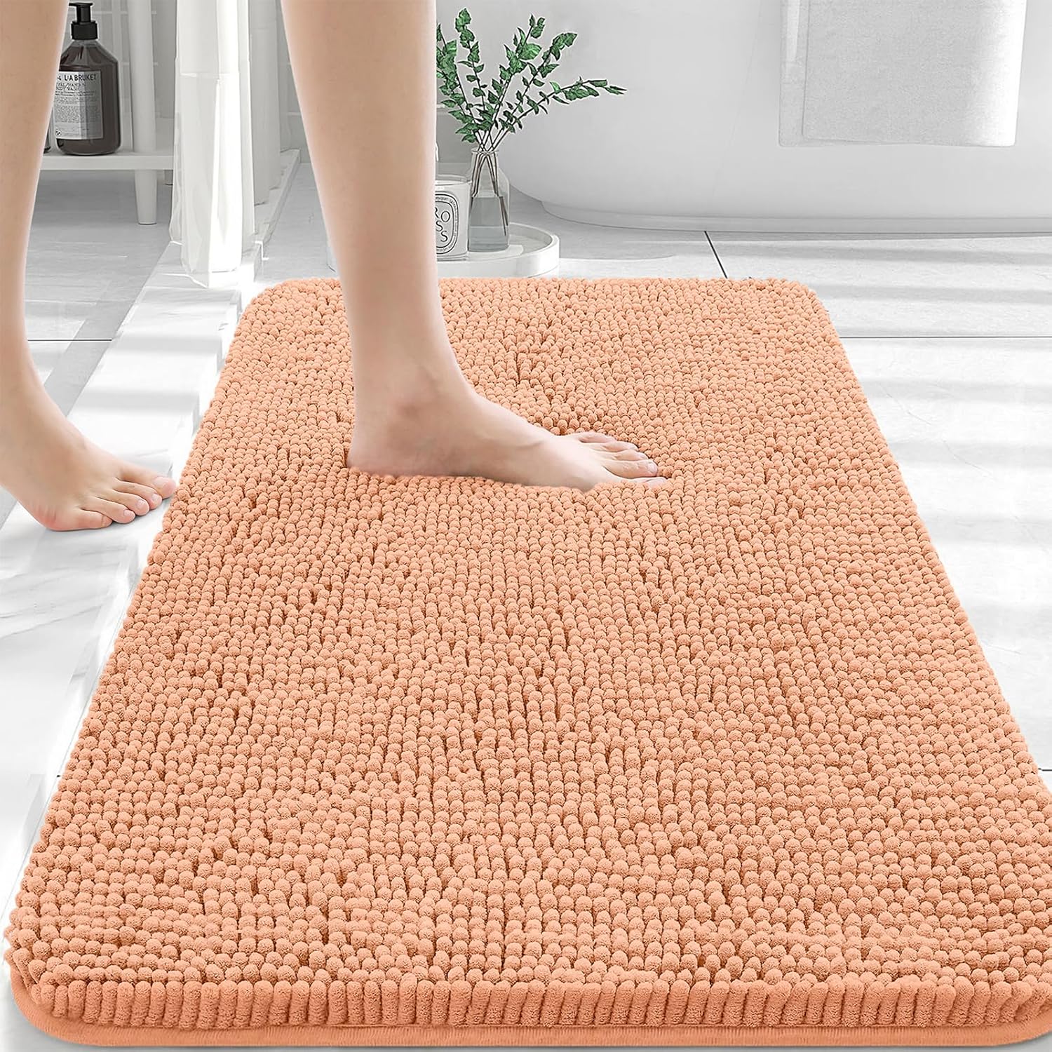 OLANLY Large Bathroom Rugs - Extra Soft Absorbent Chenille Bath Mats | Quick Dry, Machine Washable, Peach 40x24