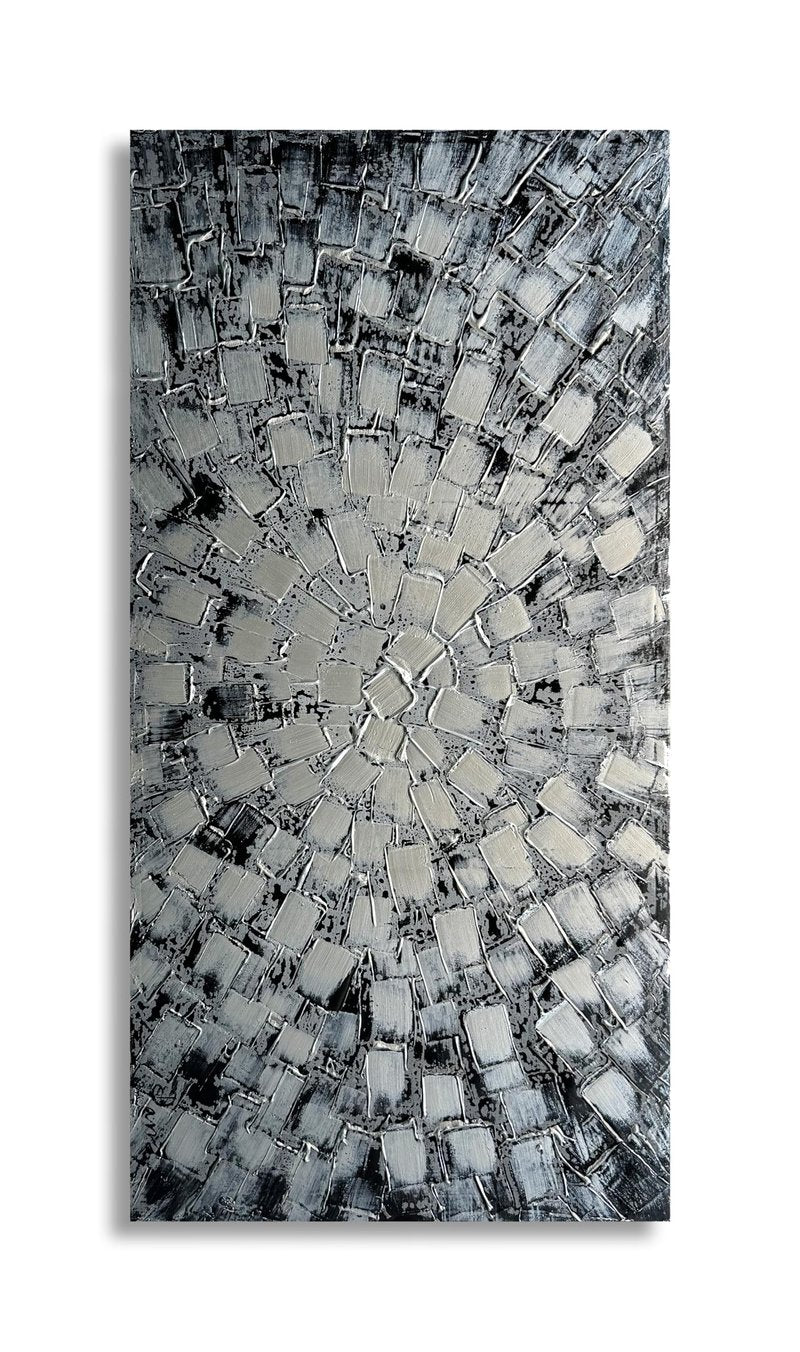MyArton Textured Abstract Squares Canvas Wall Art Hand Painted Modern Black Silver Oil Painting Picture for Home Decoration Ready to Hang Horizontal or Vertical 40x20inch