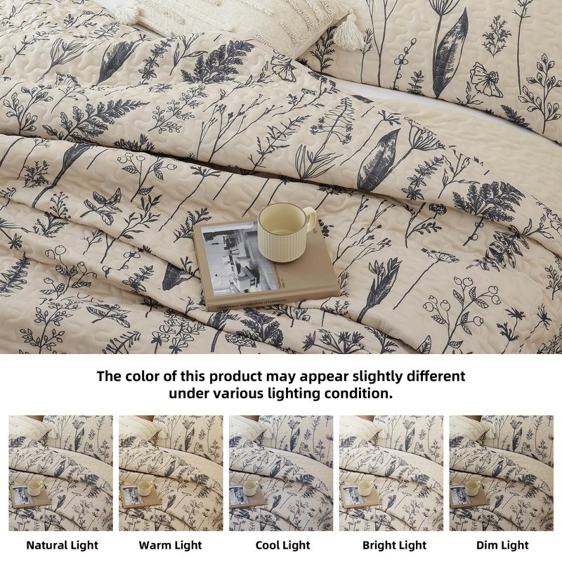 JANZAA Quilt King Size Beige Quilt Bed Spread Boho Quilt with Floral Pattern Microfiber Quilts Set 3 Pieces Lightweight Comforter Reversible Bedding Set,1Quilt 104x90 inches, 2 Pillowcases