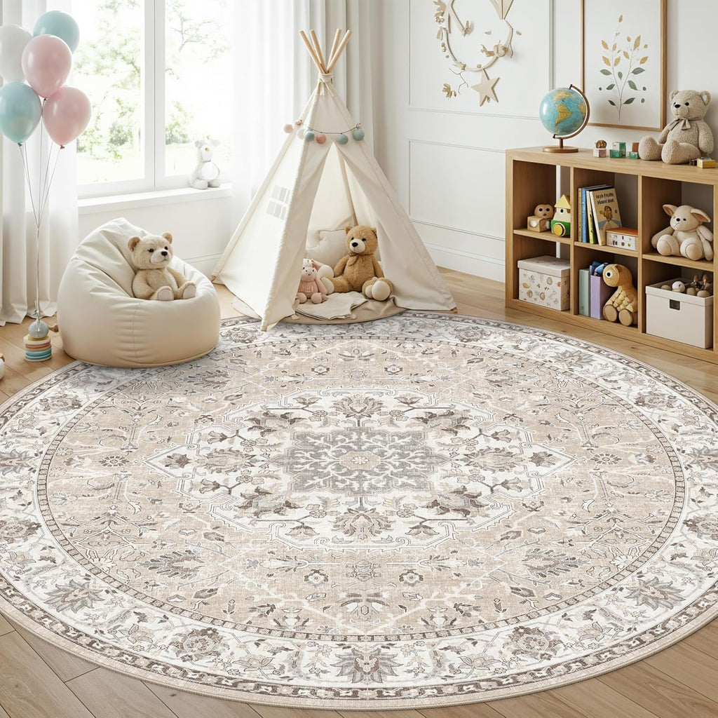 Washable 8ft Round Area Rug - Soft, Non-Slip Oriental Carpet for Living Room & Bedroom | Stain Resistant Beige