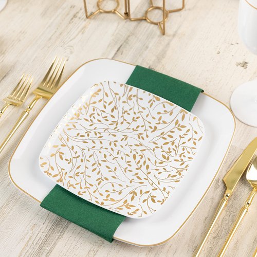 PLASTICPRO Square 32 Piece Combo Plates Set includes 16 x 7'' inch Salad Plates & 16 x 10'' inch Dinner Plates White Plastic with Gold Leaf Design Party Plates, Premium heavyweight