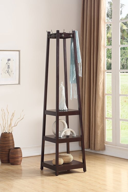 Roundhill Furniture Vassen Coat Rack with 3-Tier Storage Shelves in Espresso Finish