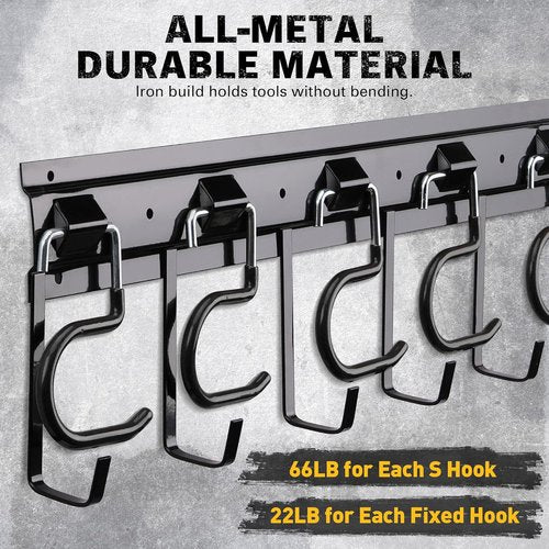 ELEAD 68'' All Metal Garden Tool Organizer - Adjustable Wall Mount with Black Hooks for Garage Storage