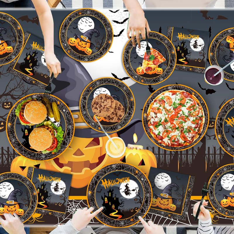 Yavxzvbw 120Pcs Halloween Paper Plates and Napkins Set Halloween Party Decorations Supplies Disposable Utensils with Cups Forks for Witch Spooky Adults Party Serves 24