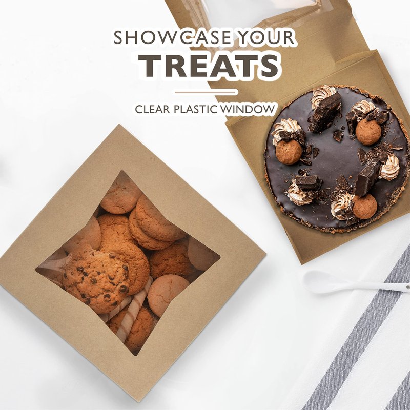 Fit Meal Prep 25 Pack 9 x 9 x 2.5 Inches Pie Boxes with Window, Square Kraft Pastry Boxes, Auto Pop-up Brown Boxes for Cookies, Cakes, Muffins, Dessert