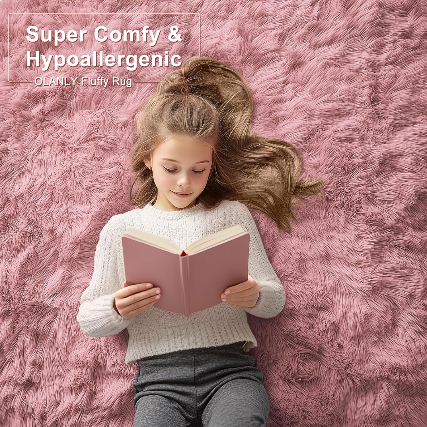 OLANLY Soft Fluffy Shaggy Bedside Rug - Machine Washable 2x3 ft | Pale Pink Indoor Carpet for Kids & Nursery
